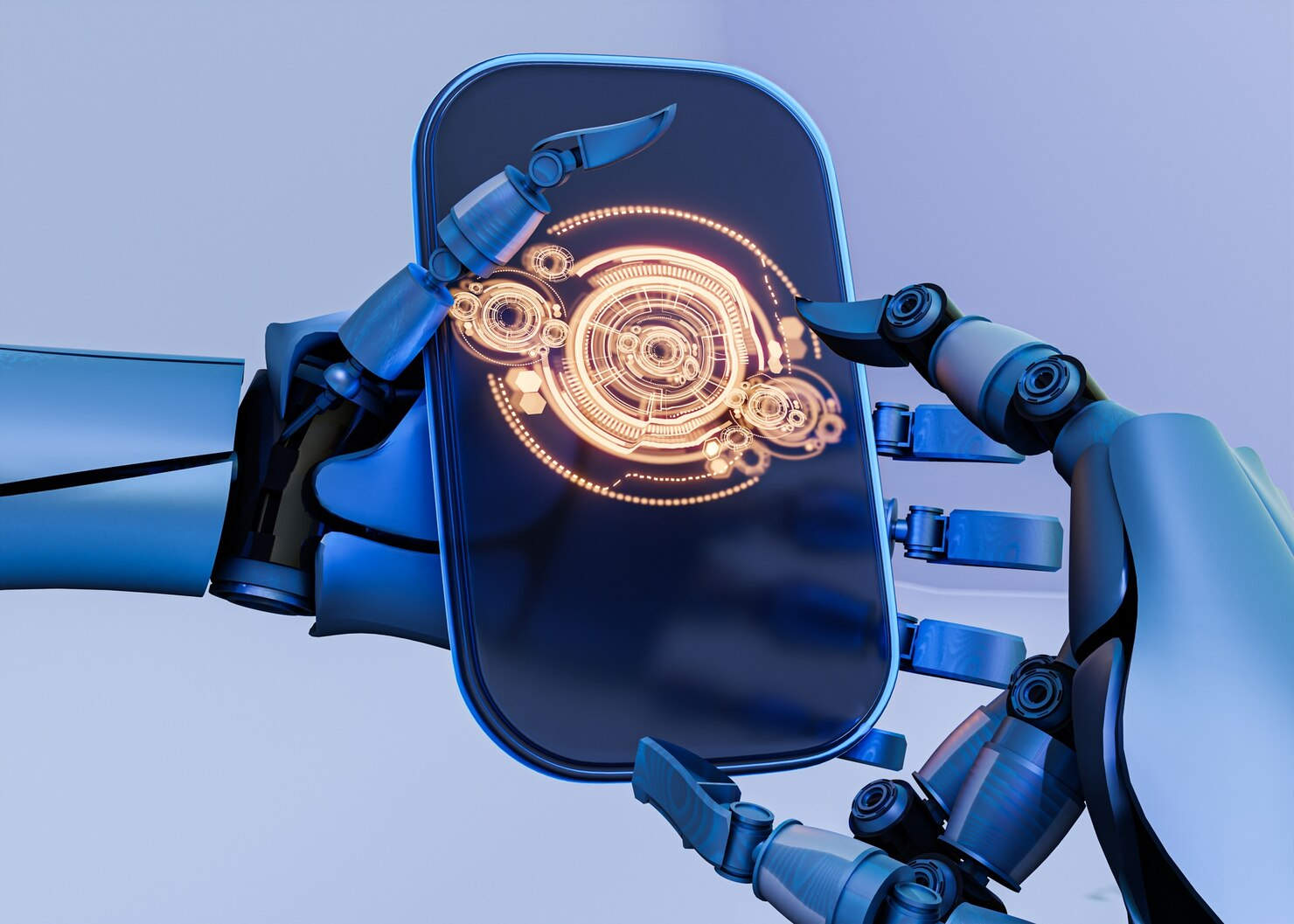 Robotic hand holding a smartphone